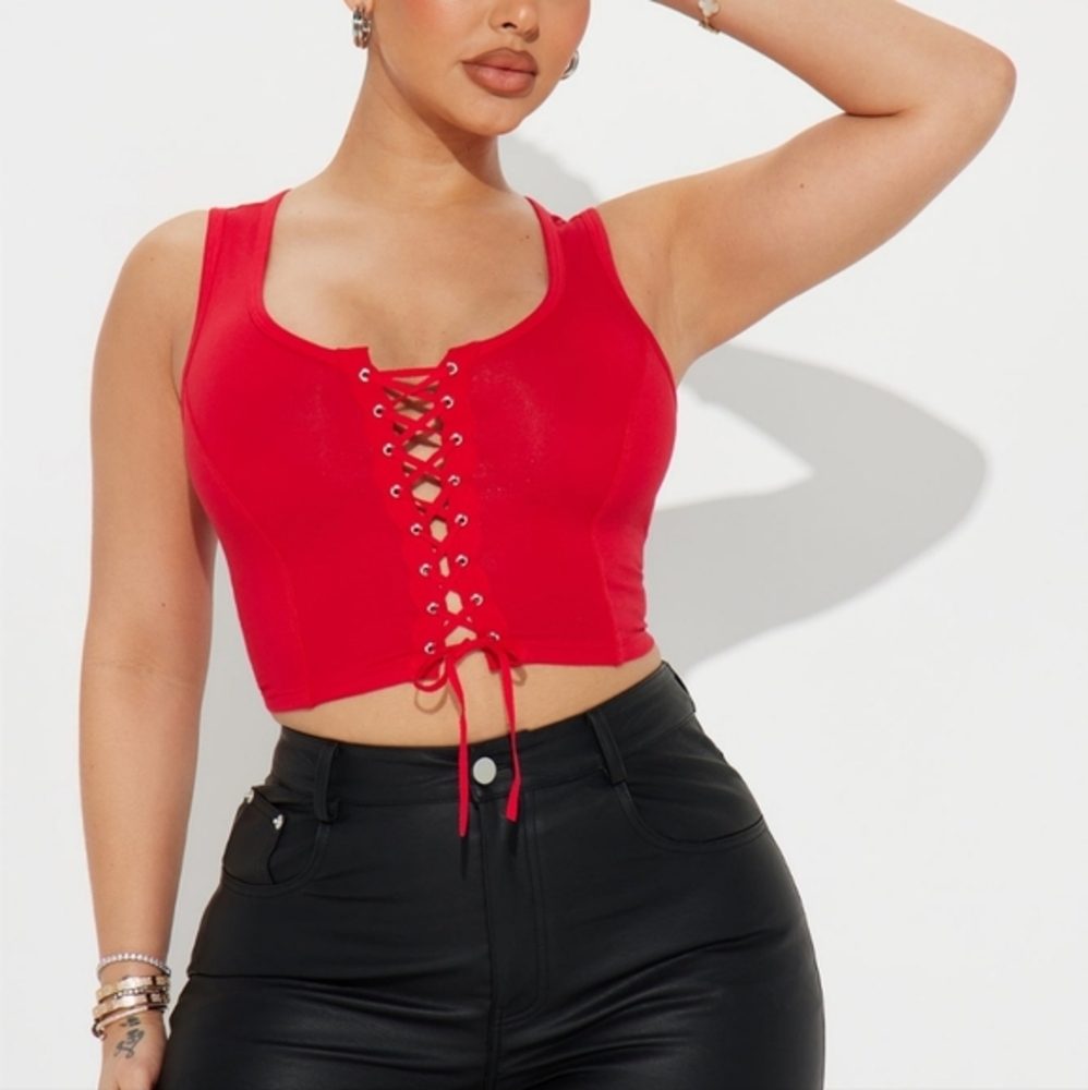 Red Lace-Up Crop Tank Top - Women